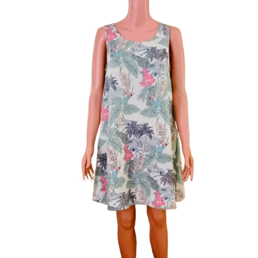 Artisan NY Floral Linen A-line Dress S Tropical Island Side Pockets Sleeveless